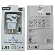 CARGADOR 220/USB 2USB+USBC 3.1AMP SUNSTECH
