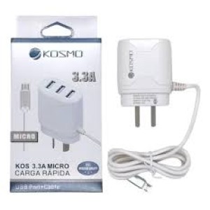 CARGADOR 220/3 USBA + CABLE USBC 3.3A KOSMO